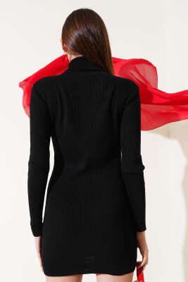 Balıkçı Yaka Fitilli Kısa Triko Elbise Siyah - Kadın Giyim Modelleri