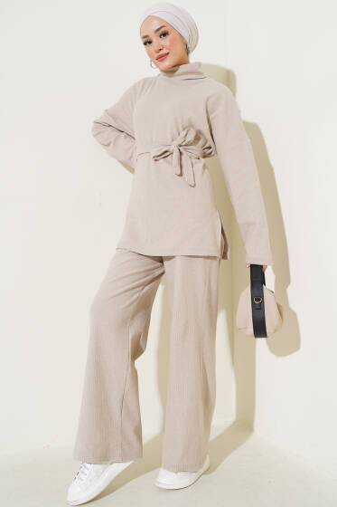 Balıkçı Yaka Fitilli Kuşaklı İkili Takım Bej - İkili Takım