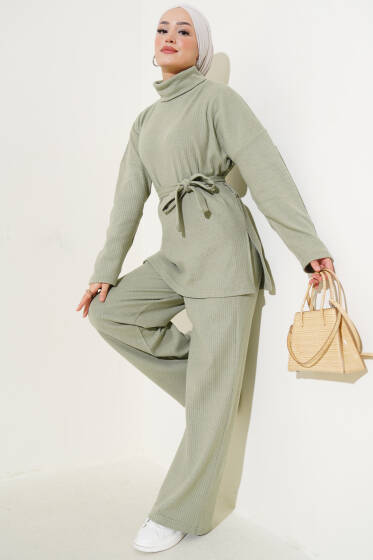 Balıkçı Yaka Fitilli Kuşaklı İkili Takım Çağla Yeşili - İkili Takım