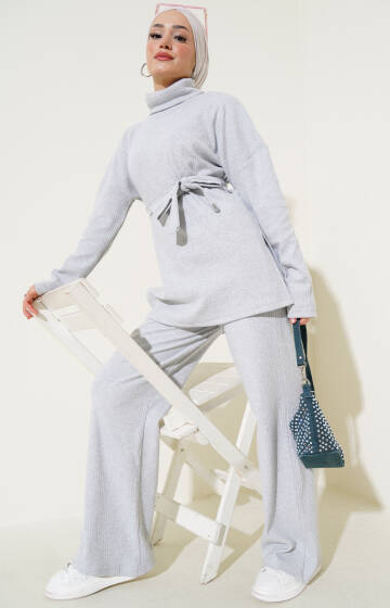 Balıkçı Yaka Fitilli Kuşaklı İkili Takım Gri - İkili Takım