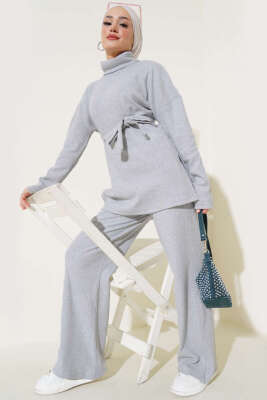 Balıkçı Yaka Fitilli Kuşaklı İkili Takım Gri 