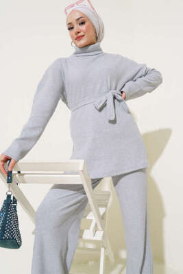 Balıkçı Yaka Fitilli Kuşaklı İkili Takım Gri - İKİLİ TAKIM