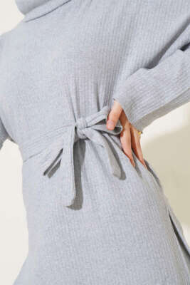 Balıkçı Yaka Fitilli Kuşaklı İkili Takım Gri - İKİLİ TAKIM