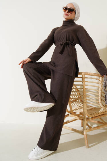 Balıkçı Yaka Fitilli Kuşaklı İkili Takım Kahve - İkili Takım