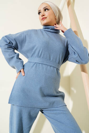 Balıkçı Yaka Fitilli Kuşaklı İkili Takım Mavi - İkili Takım