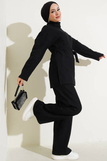 Balıkçı Yaka Fitilli Kuşaklı İkili Takım Siyah - İkili Takım