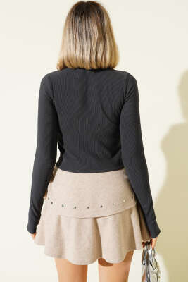 Balıkçı Yaka Fitilli Parmak Geçirmeli Crop Füme - Yeni Giyim