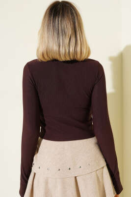 Balıkçı Yaka Fitilli Parmak Geçirmeli Crop Kahve - Kadın Giyim Modelleri