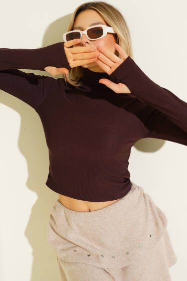 Balıkçı Yaka Fitilli Parmak Geçirmeli Crop Kahve - Yeni Giyim