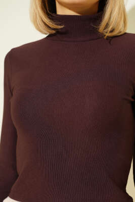 Balıkçı Yaka Fitilli Parmak Geçirmeli Crop Kahve - Yeni Giyim