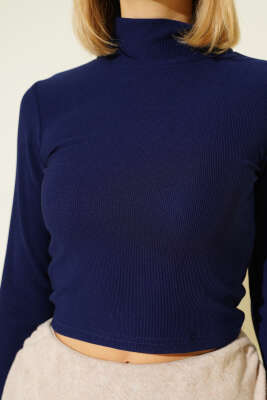 Balıkçı Yaka Fitilli Parmak Geçirmeli Crop Lacivert - Kadın Giyim Modelleri