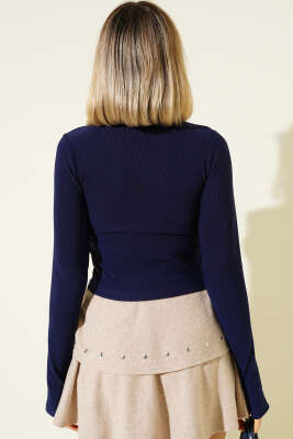 Balıkçı Yaka Fitilli Parmak Geçirmeli Crop Lacivert - Yeni Giyim