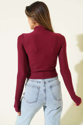 Balıkçı Yaka Fitilli Parmak Geçirmeli Crop Mürdüm - Kadın Giyim Modelleri