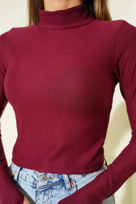 Balıkçı Yaka Fitilli Parmak Geçirmeli Crop Mürdüm - Kadın Giyim Modelleri