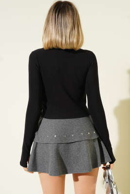 Balıkçı Yaka Fitilli Parmak Geçirmeli Crop Siyah - Kadın Giyim Modelleri