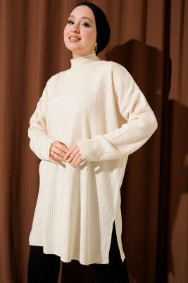 Balıkçı Yaka Fitilli Salaş Triko Tunik Bej - FİXAY