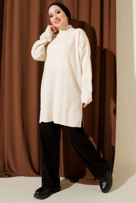 Balıkçı Yaka Fitilli Salaş Triko Tunik Bej - Tunik