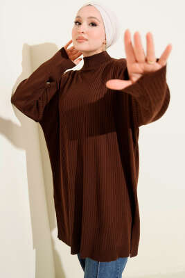 Balıkçı Yaka Fitilli Salaş Triko Tunik Kahve - FİXAY