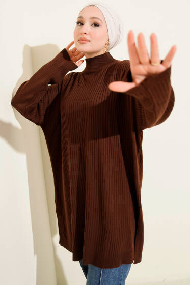 Balıkçı Yaka Fitilli Salaş Triko Tunik Kahve - Tunik
