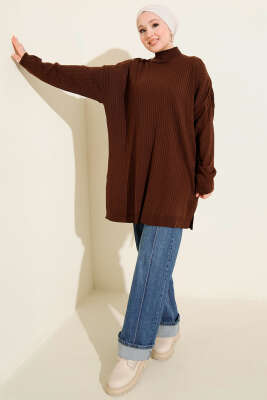 Balıkçı Yaka Fitilli Salaş Triko Tunik Kahve - Tunik