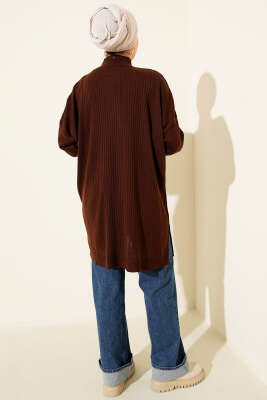 Balıkçı Yaka Fitilli Salaş Triko Tunik Kahve - Tunik