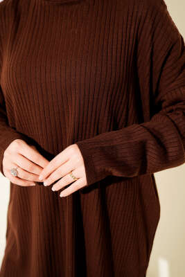 Balıkçı Yaka Fitilli Salaş Triko Tunik Kahve - Tunik