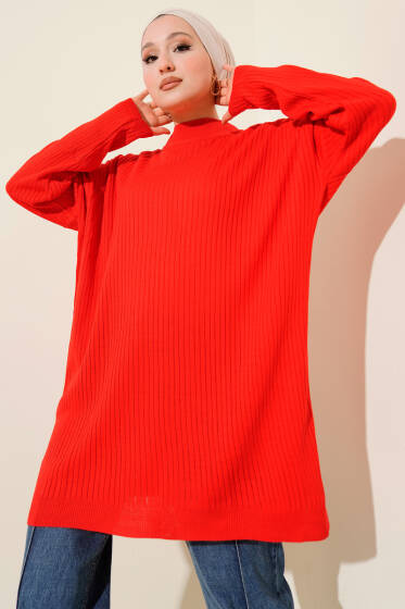 Balıkçı Yaka Fitilli Salaş Triko Tunik Kırmızı - Tunik