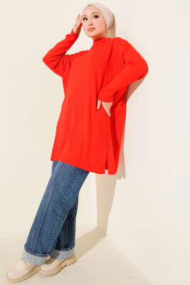 Balıkçı Yaka Fitilli Salaş Triko Tunik Kırmızı - Tunik
