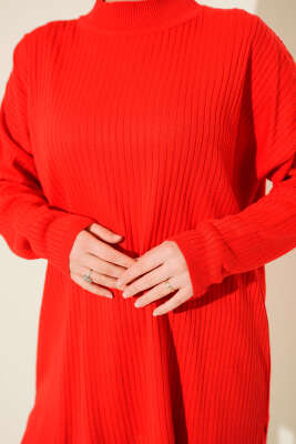 Balıkçı Yaka Fitilli Salaş Triko Tunik Kırmızı - Tunik