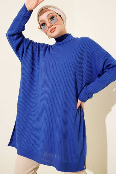 Balıkçı Yaka Fitilli Salaş Triko Tunik Saks - Tunik