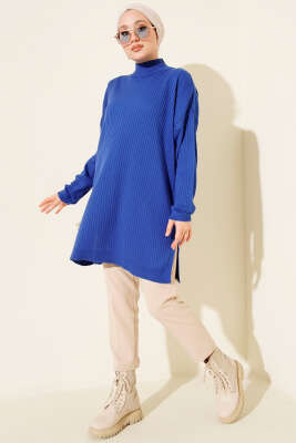 Balıkçı Yaka Fitilli Salaş Triko Tunik Saks - Tunik