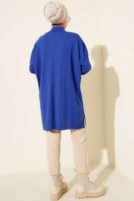 Balıkçı Yaka Fitilli Salaş Triko Tunik Saks - Tunik