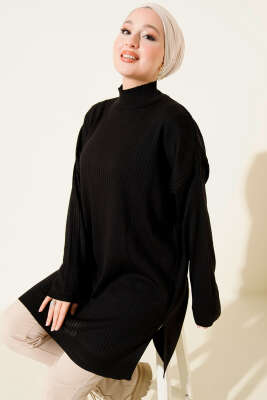 Balıkçı Yaka Fitilli Salaş Triko Tunik Siyah - FİXAY