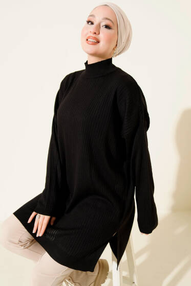 Balıkçı Yaka Fitilli Salaş Triko Tunik Siyah - Tunik
