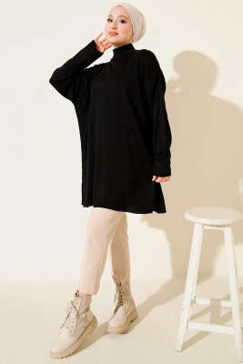 Balıkçı Yaka Fitilli Salaş Triko Tunik Siyah - Tunik