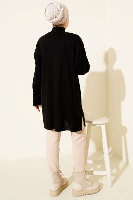 Balıkçı Yaka Fitilli Salaş Triko Tunik Siyah - Tunik