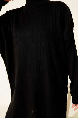 Balıkçı Yaka Fitilli Salaş Triko Tunik Siyah - Tunik