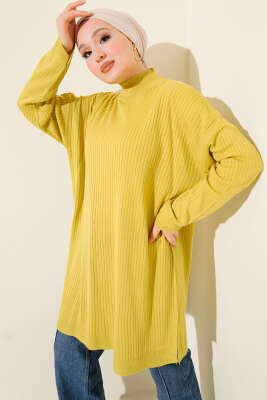 Balıkçı Yaka Fitilli Salaş Triko Tunik Yağ Yeşili - FİXAY