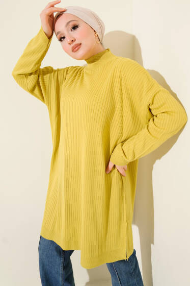 Balıkçı Yaka Fitilli Salaş Triko Tunik Yağ Yeşili - Tunik