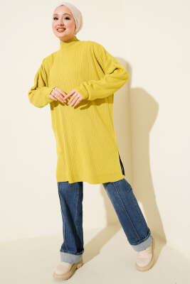 Balıkçı Yaka Fitilli Salaş Triko Tunik Yağ Yeşili - Tunik