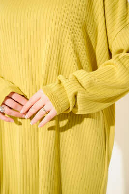 Balıkçı Yaka Fitilli Salaş Triko Tunik Yağ Yeşili - Tunik