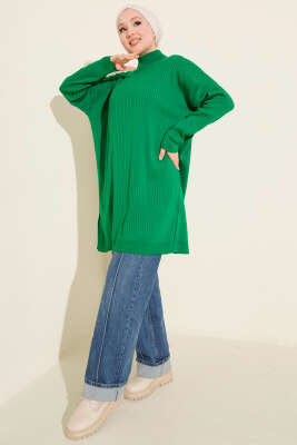 Balıkçı Yaka Fitilli Salaş Triko Tunik Zümrüt - FİXAY