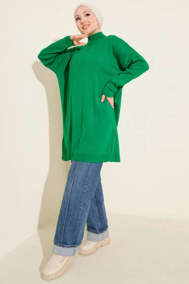 Balıkçı Yaka Fitilli Salaş Triko Tunik Zümrüt - Tunik