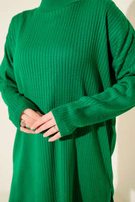 Balıkçı Yaka Fitilli Salaş Triko Tunik Zümrüt - Tunik