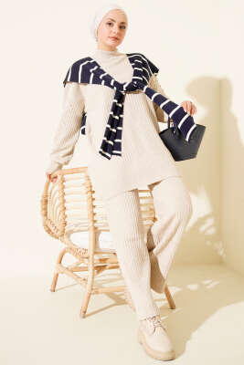 Balıkçı Yaka Fitilli Triko İkili Takım Bej - RAFİMİX