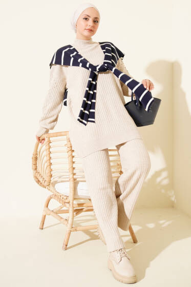 Balıkçı Yaka Fitilli Triko İkili Takım Bej - İkili Takım