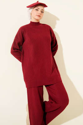 Balıkçı Yaka Fitilli Triko İkili Takım Bordo - İkili Takım