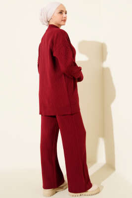 Balıkçı Yaka Fitilli Triko İkili Takım Bordo - İkili Takım