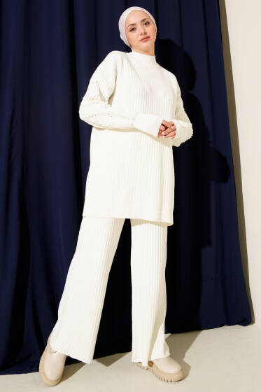Balıkçı Yaka Fitilli Triko İkili Takım Ekru - İkili Takım