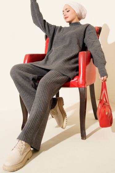 Balıkçı Yaka Fitilli Triko İkili Takım Füme - İkili Takım